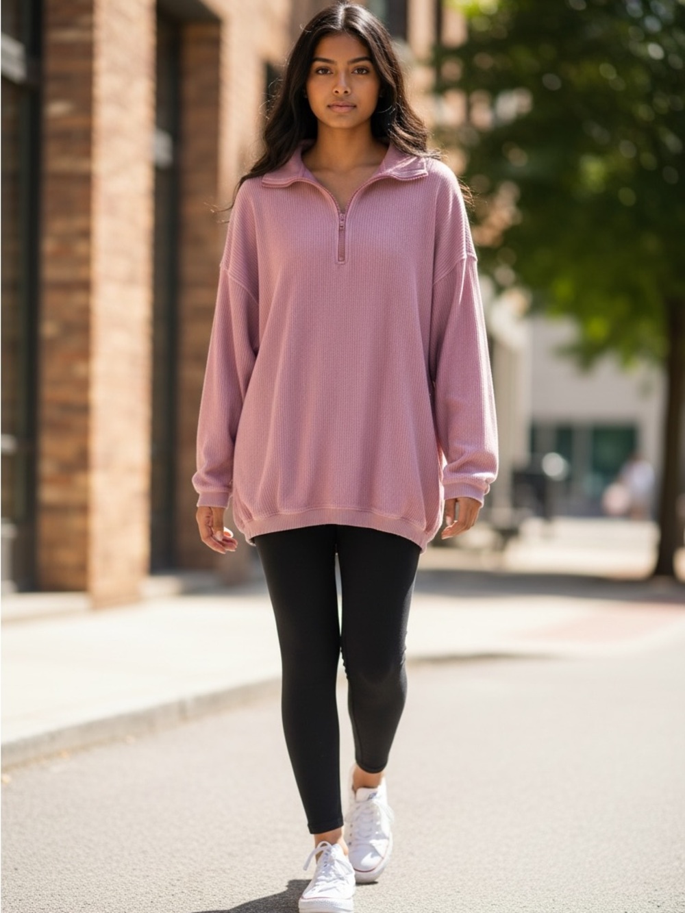 aerie Oversized Dusty Pink Quarter-Zip Waffle Pullover - Picture 1 of 4